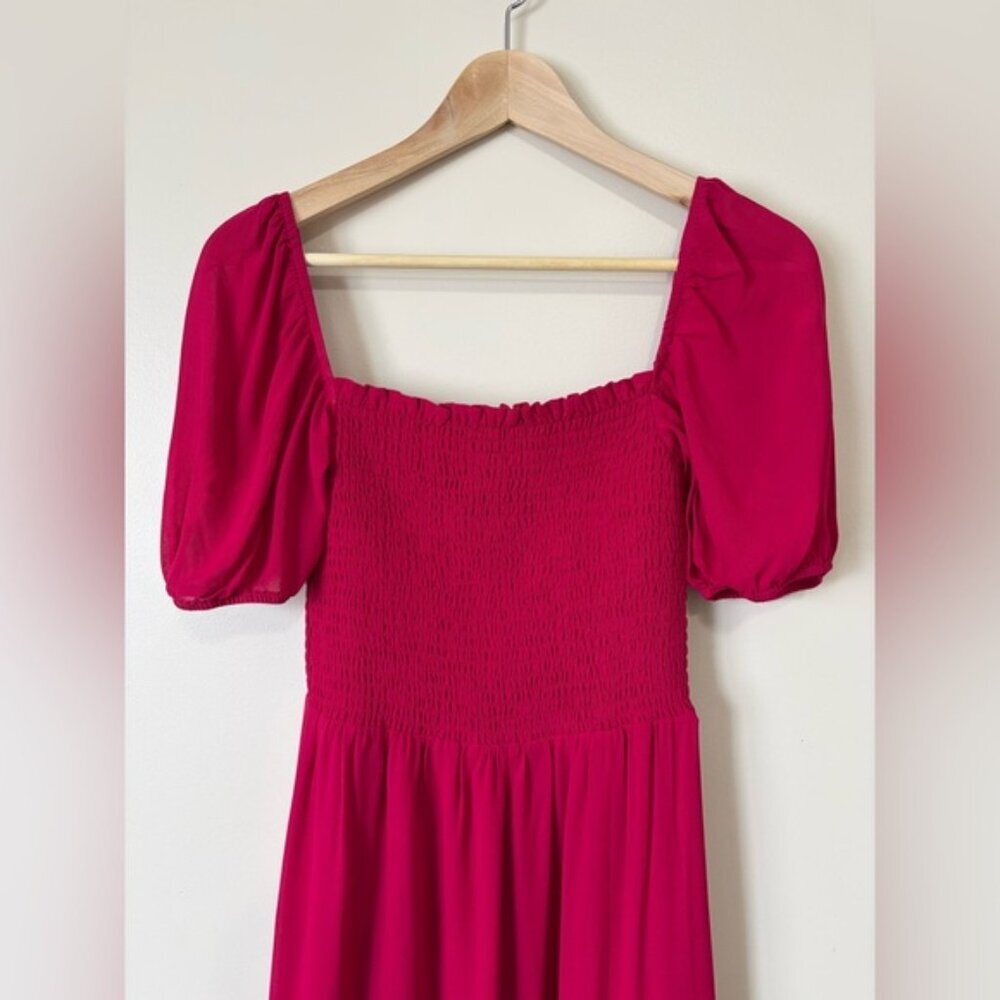 NEW Reformation Meadow Puff Sleeve Smocked Midi Dress Rhubarb Pink Red | size S - Picture 7 of 13